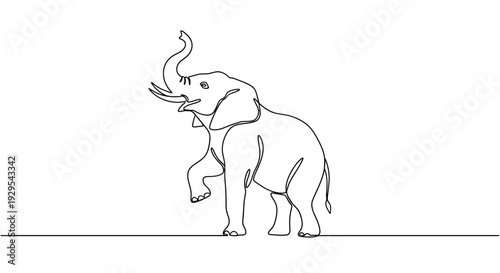 One Line Drawing of an Elephant Standing on Hind Legs, Trunk Up