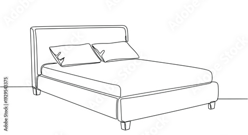 Single Line Drawing of a Modern Bed with Pillows, Bedroom Furniture