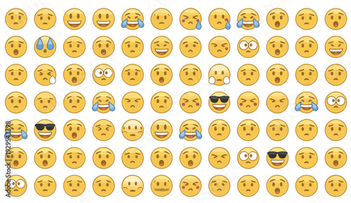 Emojis Faces with Various Emotions and Expressions on White Background