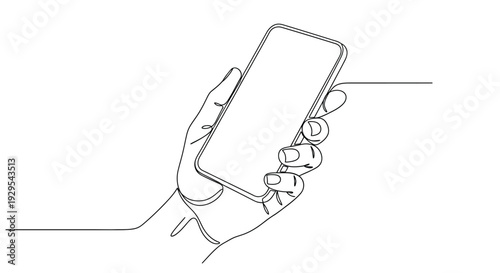 Continuous line drawing of hand holding modern smartphone