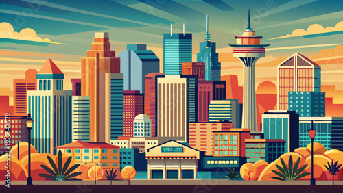 Very beautiful downtown San Antonio skyline portrait capturing sleek skyscrapers and urban depth, representing the vibrant economic heart of Texas culture and commerce.