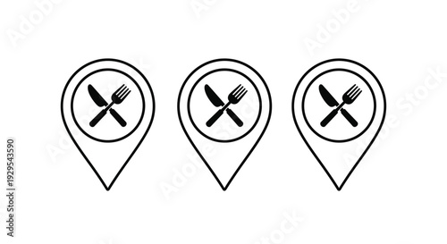 Three location pins with fork and knife icons inside