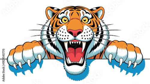 Fierce Tiger Peeking Over Edge With Open Mouth animal