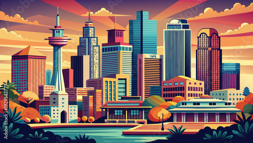 Very beautiful downtown San Antonio skyline portrait capturing sleek skyscrapers and urban depth, representing the vibrant economic heart of Texas culture and commerce.