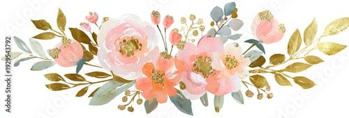 Watercolor floral arrangement with pink, peach, and gold accents. Delicate petals and leaves adorn