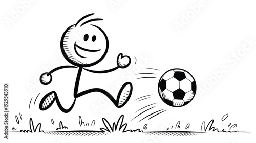 Stick Figure Kicking a Soccer Ball on Grass drawing