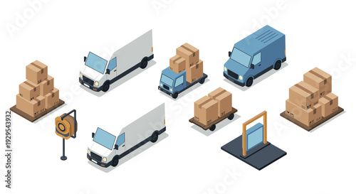 isometric delivery van truck package boxes and shipping storage concept collection