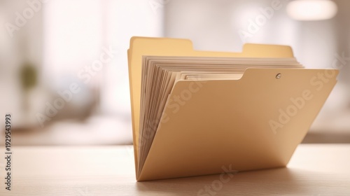 The manila file folder filled with documents on wooden desk in office