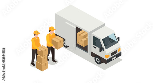 delivery workers loading boxes into truck isometric illustration with simple flat design for logistics and shipping