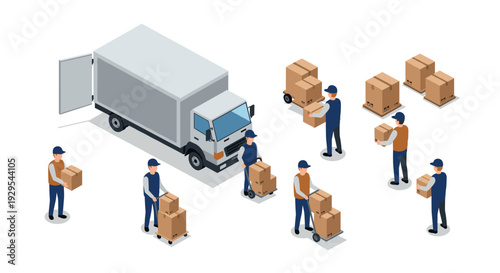 isometric delivery workers handling cardboard boxes around a delivery truck hand drawn vector illustration for logistics and shipping concept