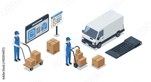isometric delivery workers pushing carts with boxes near cargo van and digital inventory screens
