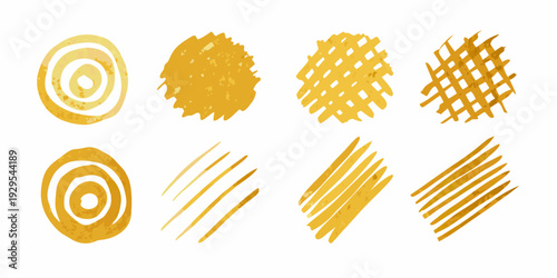 Abstract golden brushstrokes and patterns arranged in a grid layout