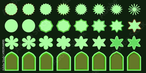 Collection of green geometric shapes arranged in rows and columns