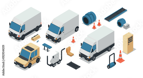 isometric delivery vans forklift hand truck and traffic cones set in flat style