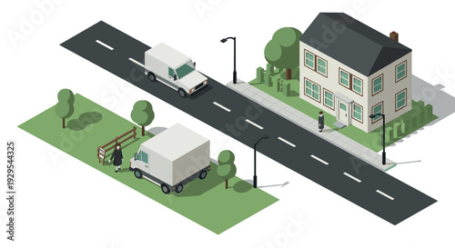 isometric urban scene with delivery vans, residential house, pedestrians, street lamps and trees in flat style