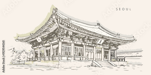 Sketch of a traditional korean palace roof with detailed architectural features