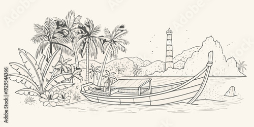 A vintage sketch of a tropical island with a boat and lighthouse