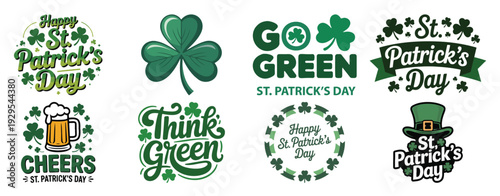 St. Patricks Day typography elements in green and gold with shamrocks and festive designs for greeting cards