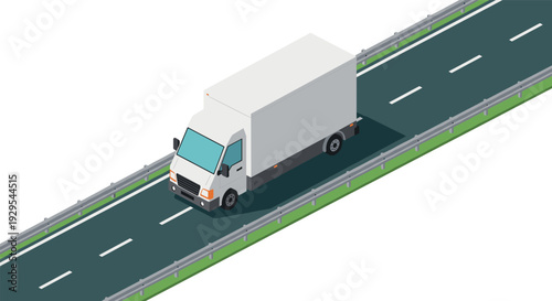 white delivery truck on isometric highway road in vector style for transportation and logistics design