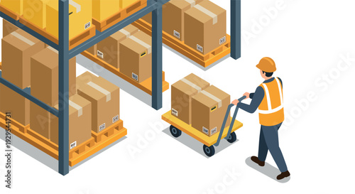 warehouse worker pushing pallet truck with cardboard boxes near storage racks isometric illustration