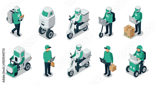 set of delivery and courier figures in isometric style with robots and humans using laptops scooters and packages for logistic and shipping