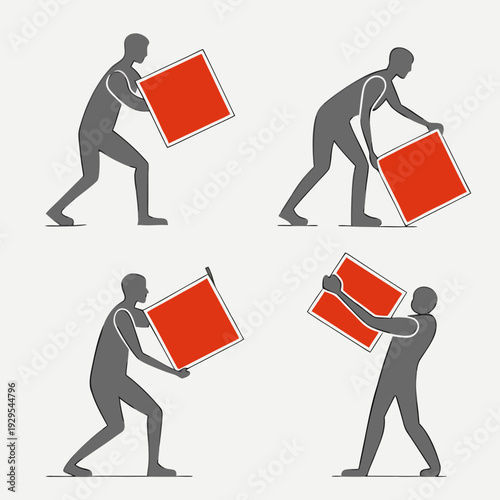 Four gray silhouettes lifting a red box in different positions and stances. Vector