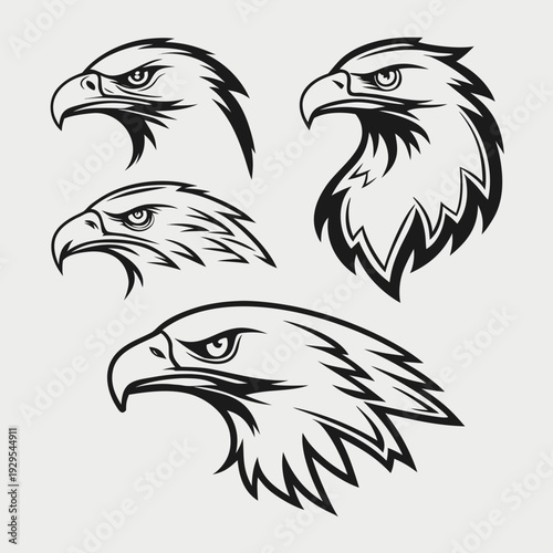 Four different eagle head illustrations in black and white Vector