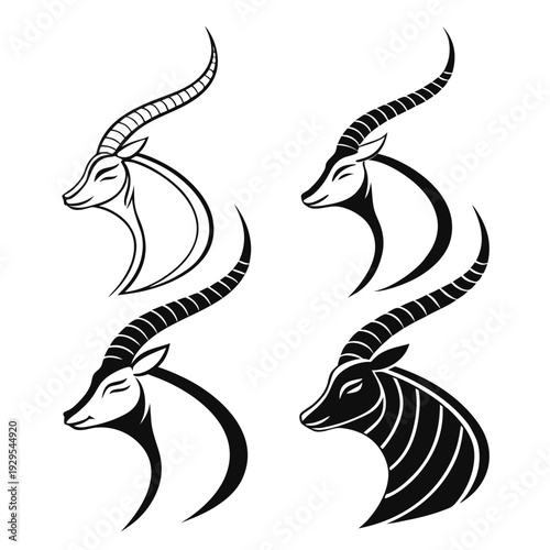 Four different black and white drawings of antelope heads Vector
