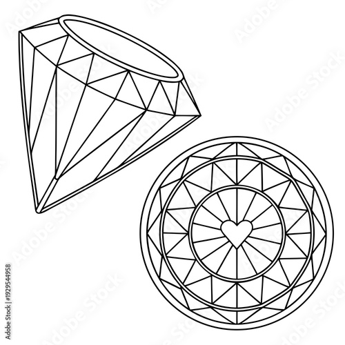 A diamond in two views, showcasing its brilliant cut and geometric facets Vector
