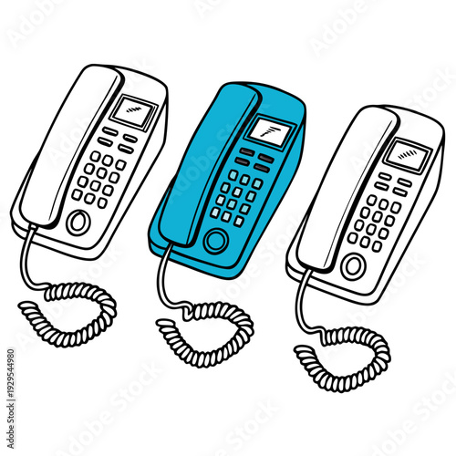 Canvas Print Three corded phones with one highlighted in blue Vector