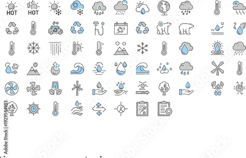 Weather and Climate Icons Collection with Temperature Rain Snow Wind and Storm Symbols Flat Vector Illustration Set