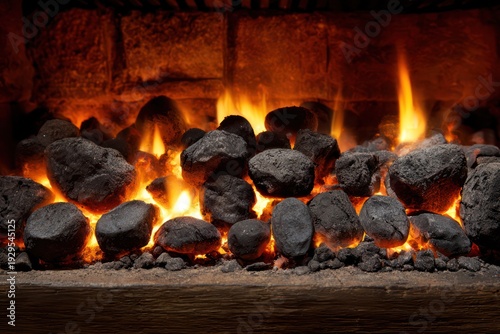 Flames dancing above charcoal briquettes in hearth