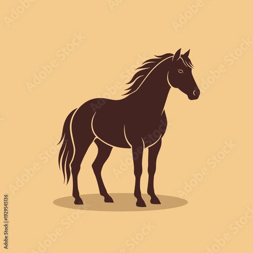 Brown Horse Standing with Flowing Mane.
