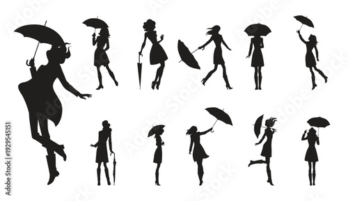 Elegant women in various poses with umbrellas on a white background