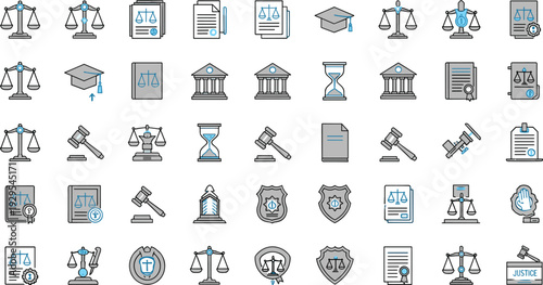 Law and Justice Icons Collection with Court Scales Gavel Documents and Legal Symbols Flat Vector Illustration Set