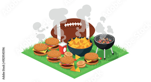 American football tailgate party food set with burgers nachos grill and drink hand drawn illustration
