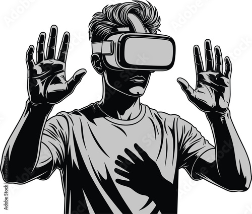 Black and white illustration of person wearing virtual reality headset with raised hands, immersive digital interaction concept, modern VR technology experience, futuristic digital lifestyle artwork
