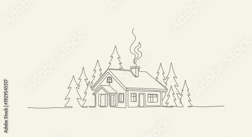 Cozy one-line drawing of a house with smoke from chimney