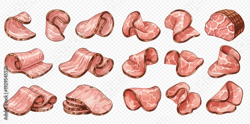 Set of delicious sliced ham and bacon pieces, perfect for sandwiches and charcuterie boards.