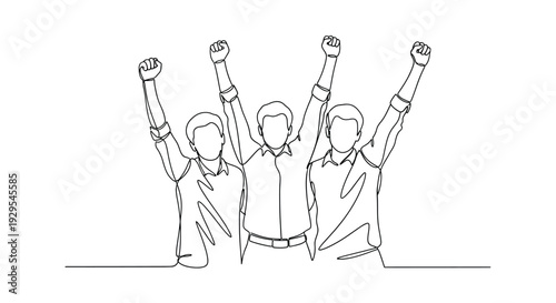 Three men raising fists in celebration, simple line drawing