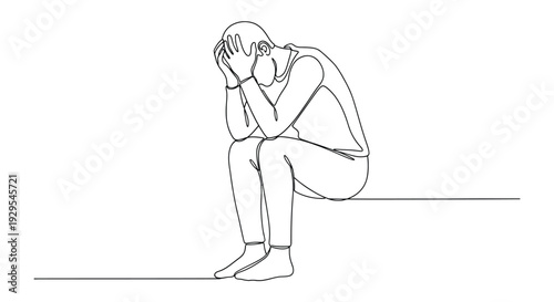 Man sitting with head in hands, stress and despair illustration