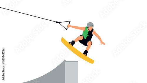 wakeboarder jumping off ramp with helmet and life vest in minimalist flat style