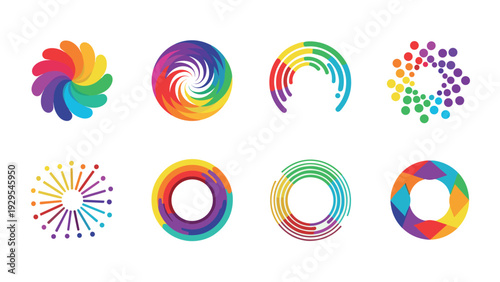 collection of colorful circular swirl and ring shapes in modern vector style for creative logo and design