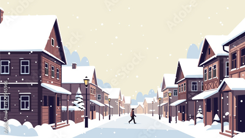 snowy street with wooden houses and walking person hand drawn winter village scene