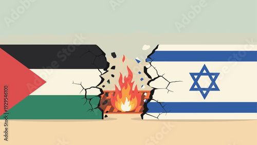 illustration of a fire between cracked palestinian and israeli flags symbolizing conflict and tension in a flat design
