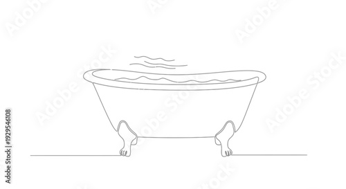 Continuous line drawing of a classic claw-foot bathtub with water