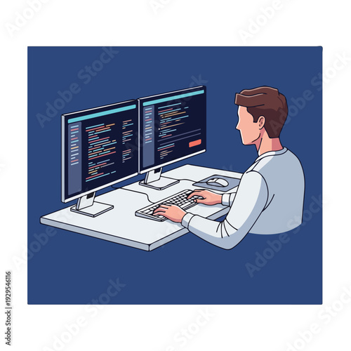 Professional male programmer coding on dual monitors at a desk, illustrating software development, IT work, and technological innovation in a modern office environment.