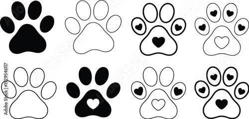 Collection of Black and White Paw Print Icons with Hearts on White Background vector illustration
