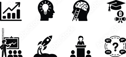 Collection of black and white icons related to business, education, and ideas illustration