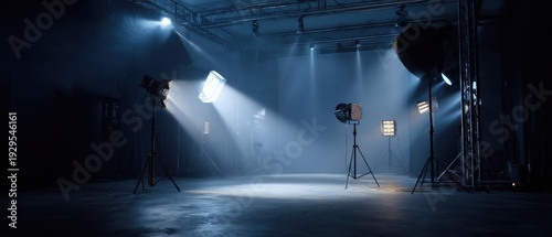 The studio lighting setup in an empty industrial film and photography production space